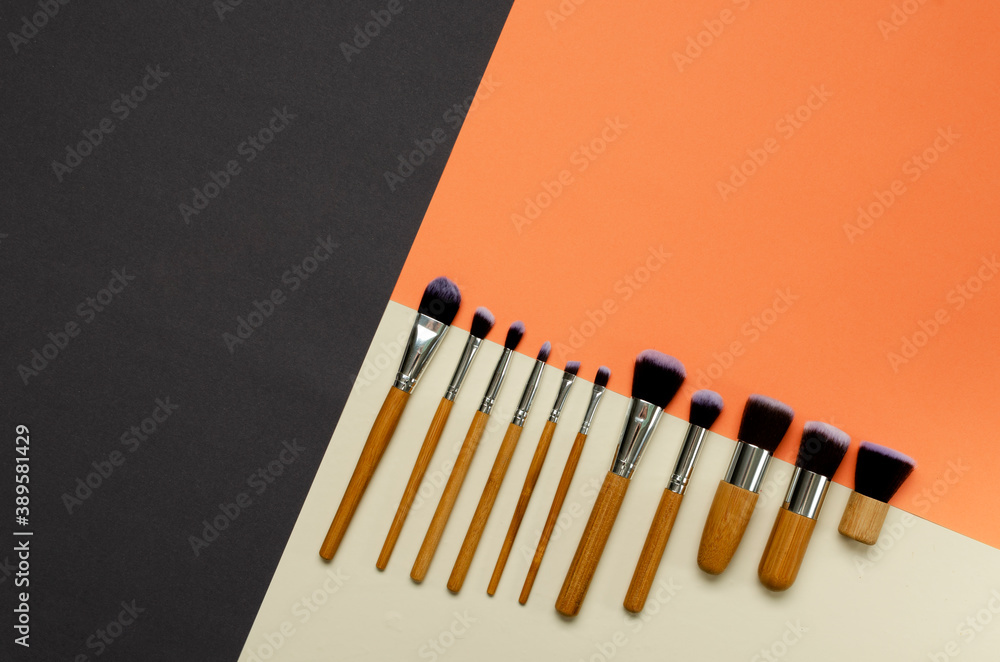 Top view of huge kit of professional beauty brushes on the colorful background.Blank space