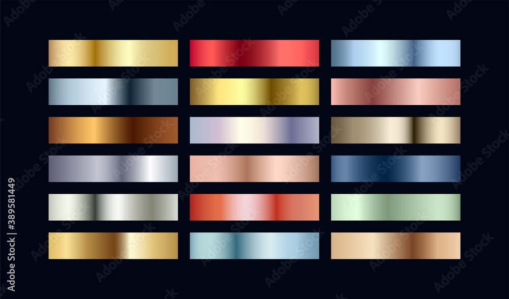 Metal chrome gradient color set. Metallic rose gold, bronze