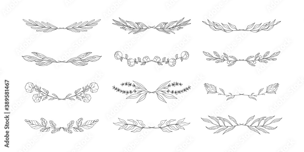 Set of elegant branch dividers. Floral page break laurels for invitations. Vector isolated spring flourish borders.