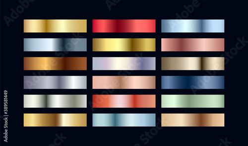Metal chrome gradient color set. Metallic rose gold, bronze, silver, elegant blue, green, golden swatches palette on black. Vector shiny background collection for border, frame, label, web, design