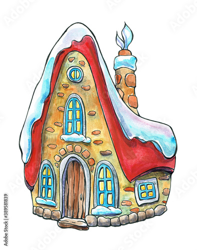 Christmas watercolor illustration of winter snowbound house with paint splashes. Bright watercolor house on a white background. Hand-drawn house for ads, creativity, postcards, stickers, icons, infogr photo