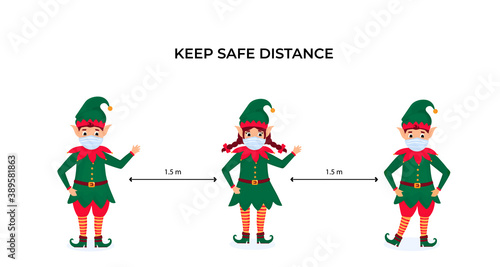 Funny Christmas elves in protective face masks. Keep social distance. Preventive measures during the coronavirus pandemic coivd-19.