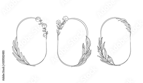 Set of floral spring wreaths.  Foliage frame for wedding card with delicate  herbs. Vector isolated elegant oval flourish border. 