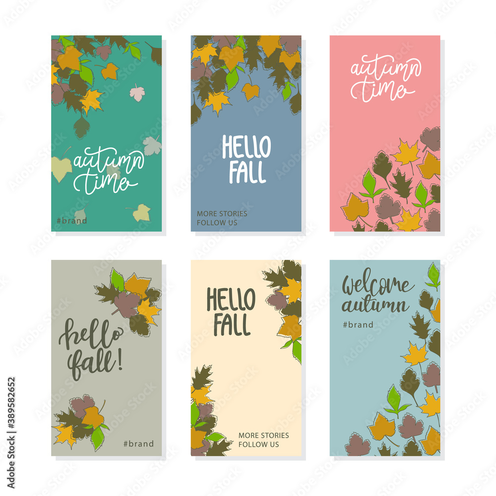 Set of abstract vertical background with autumn elements, shapes, plants and human hands in one line style. Background for mobile app page minimalistic style. Vector illustration