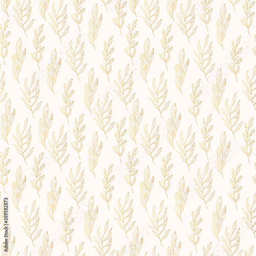 Gold color seamless pattern with floral branches. Golden rustic texture for wedding. Vector isolated spring flourish background for textile.