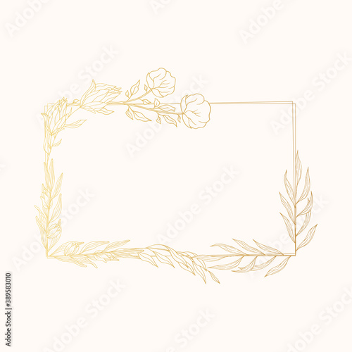 Hand drawn rectangular floral wreath with golden brunches and flowers. Vector isolated rustic frame.  Flourish gold wedding border for invitation card.