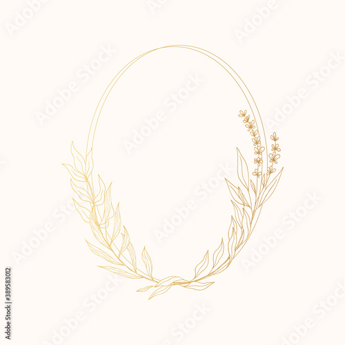 Hand drawn oval floral wreath with golden brunches and flowers. Vector isolated rustic frame.  Flourish gold wedding border for invitation card.