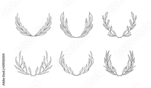 Set of foliage laurel wreaths for wedding invitations. Floral branch frames.  Vector isolated spring flourish card designs.	