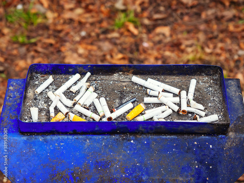 A lot of cigarette butts lie in a dirty blue shabby street ashtray photo