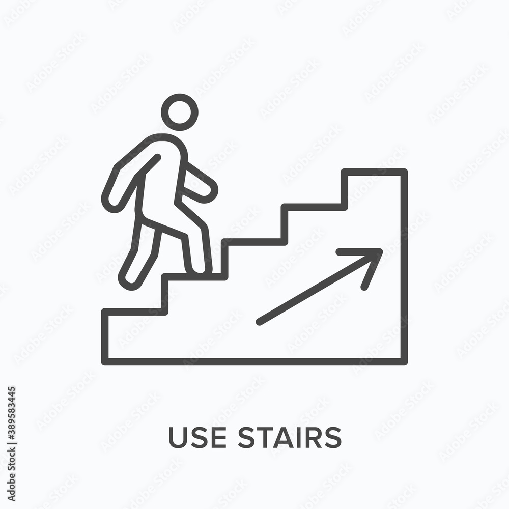 Man walking upstairs flat line icon. Vector outline illustration of use stairs. Career growth thin linear logo Man walking upstairs flat line icon. Vector outline illustration of use stairs. Career growth thin linear logo