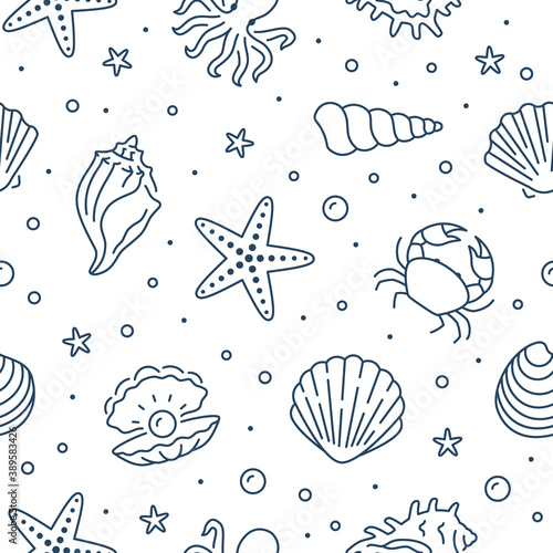 Seashell seamless pattern. Vector background included line icons as sea shells, scallop, starfish, clam, octopus, crab, nautical texture ocean life for fabric. White and blue color