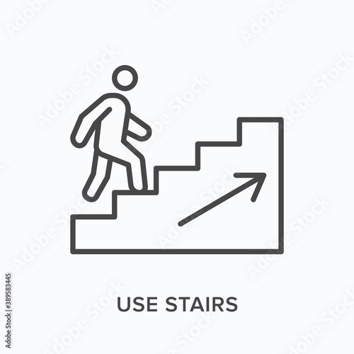 Man walking upstairs flat line icon. Vector outline illustration of use stairs. Career growth thin linear logo