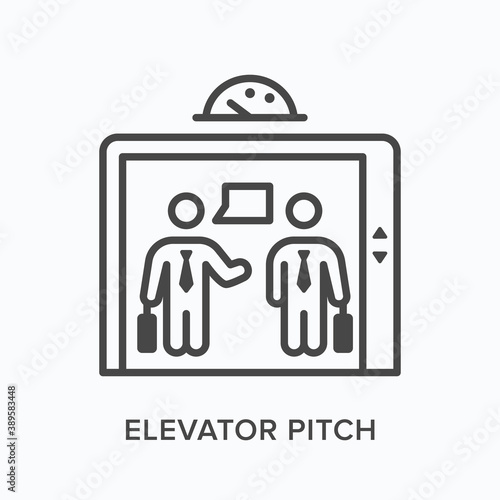 Elevator pitch flat line icon. Vector outline illustration of business talking in lift. Marketing concept thin linear logo