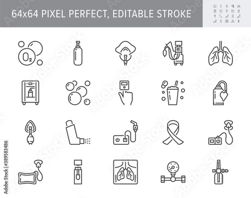 Oxygen line icons. Vector illustration included icon - anesthesia mask, ventilator, icu, artificial lung ventilation, nebulizer outline pictogram for hospital. 64x64 Pixel Perfect Editable Stroke