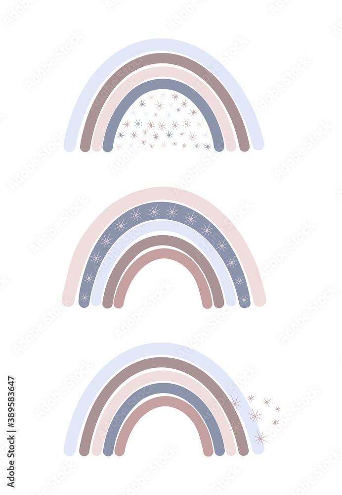 Cute rainbows in boho style. Hand drawn illustration of rainbow with snowflakes. Childish drawings. Vector illustration in pastel colors for kids Cute rainbows in boho style. Hand drawn illustration of rainbow with snowflakes. Childish drawings. Vector illustration in pastel colors for kids