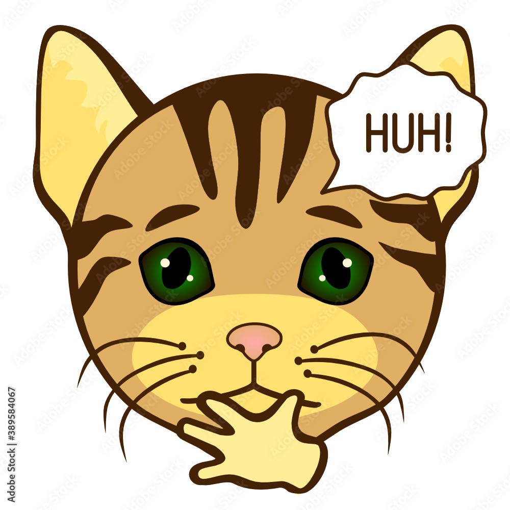 Emoticon with a cool cat puzzled and unhappy look and thinks Hoh, color clip art on white isolated background Emoticon with a cool cat puzzled and unhappy look and thinks Hoh, color clip art on white isolated background