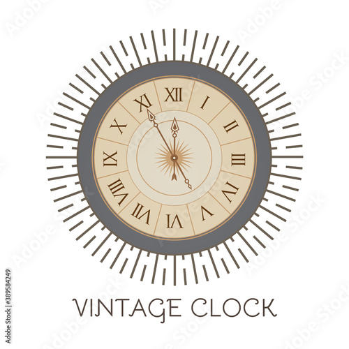 Antique clock with elegant frame. Old fashioned design element. Vintage watch.