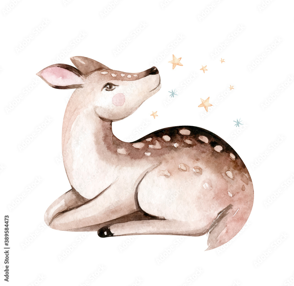 Obraz Christmas watercolor deer. Cute kids xmas fawn forest animal illustration, new year card or poster.