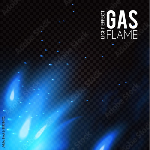 Gas flame. Blue fire effect. Neon light on transparent background
