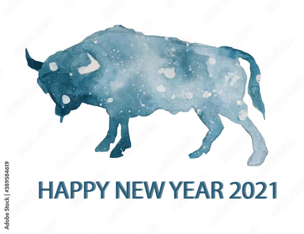 Obraz premium watercolor bull greeting card symbol of 2021 silhouette of a hoofed animal inscription blank design greetings on a white background horizontal orientation
