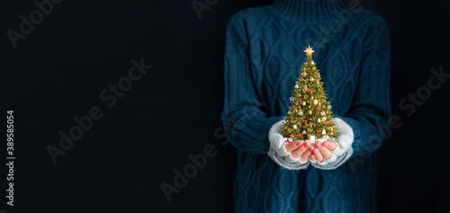 Cute woman holds decorated christmas tree in her hands. Merry Christmas and a Happy new year concept