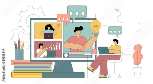 Online teamwork, videoconference, telecommuting. Search for an idea. Vector illustration isolated on white background.