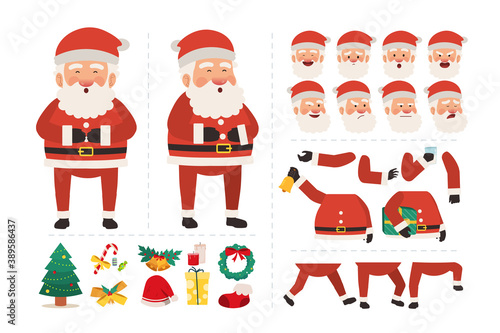 Santa claus cartoon character for animation design with various facial expressions, hand gestures, body and leg movement illustration