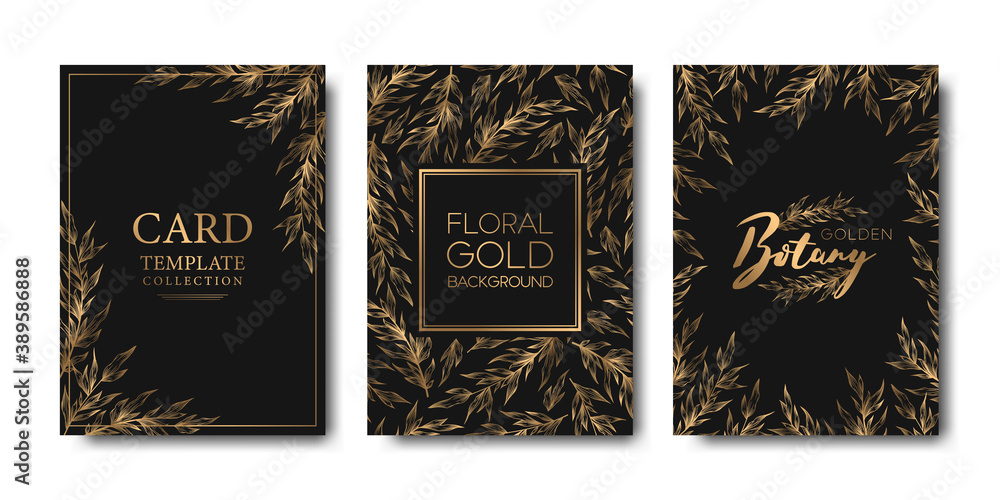 Vector elegant cards collection with gold tree branches and leaves ...