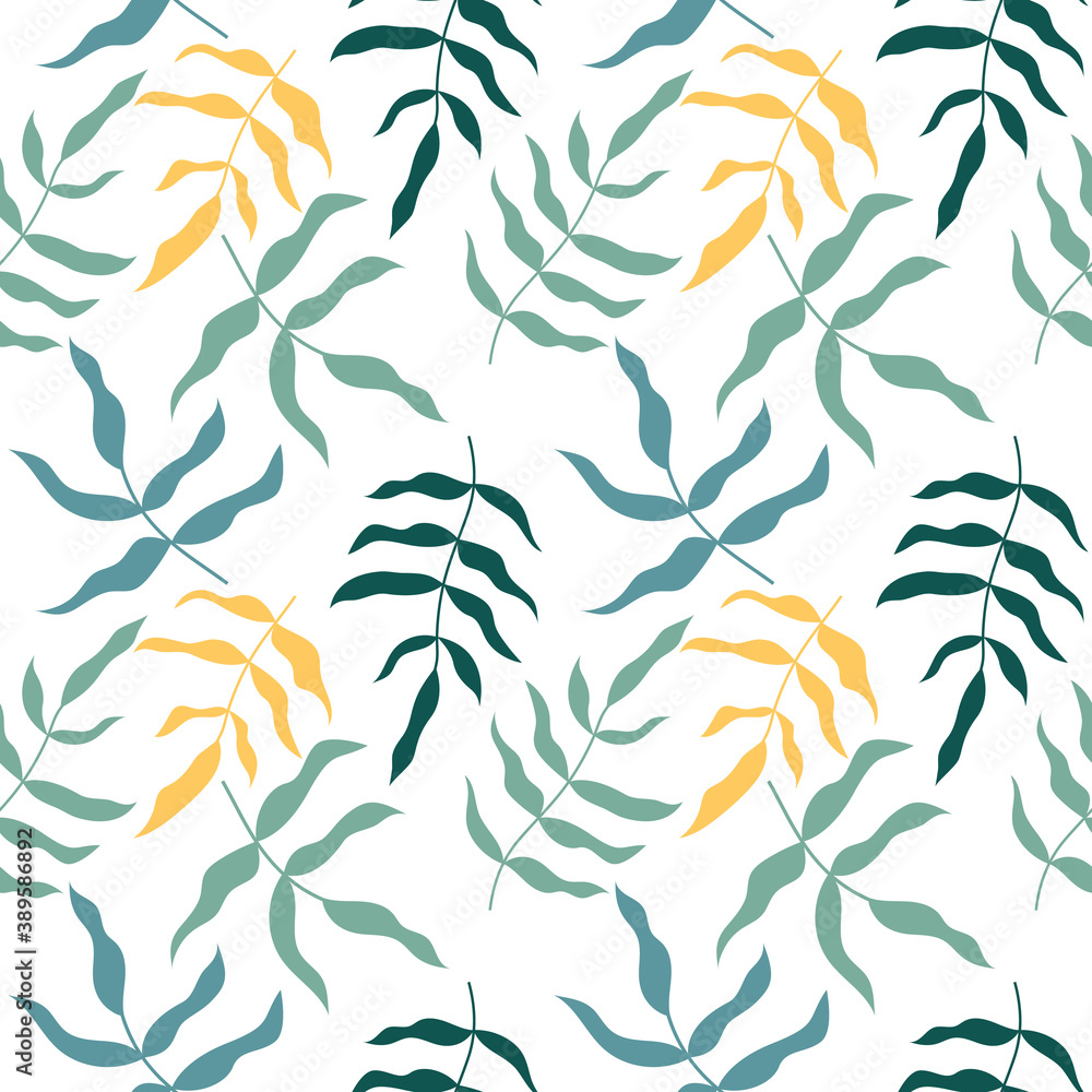 Fototapeta premium Seamless pattern with tropical leaves. Multicolored leaves on white backdrop