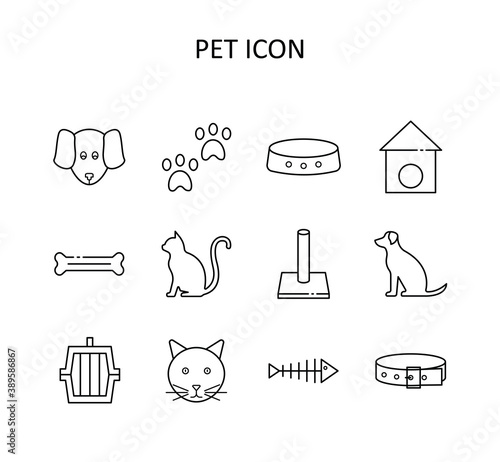 Vector pet icon - dog, cat, pet carrier; bowl; bone; fish; paws; scratching post; collar.