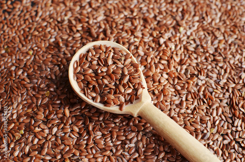 Uncooked raw flax seeds in wooden spoon on seeds background.