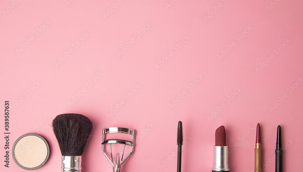 makeup objects on pink background makeup objects on pink background