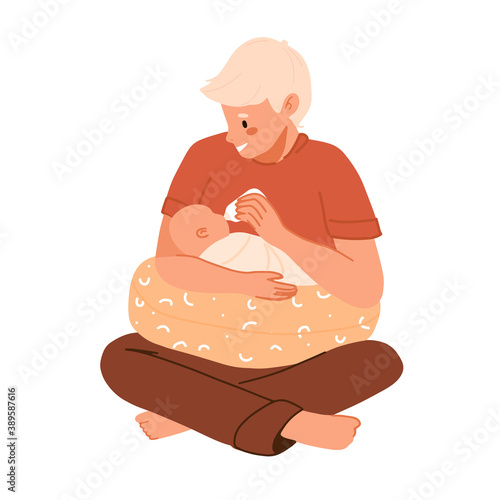 Father feeding newborn son. Baby feeding position set with pillow. Man feeds infant with milk bottle. Father's day banner, clip art. Flat cartoon illustration. Happy Modern fatherhood, parenting