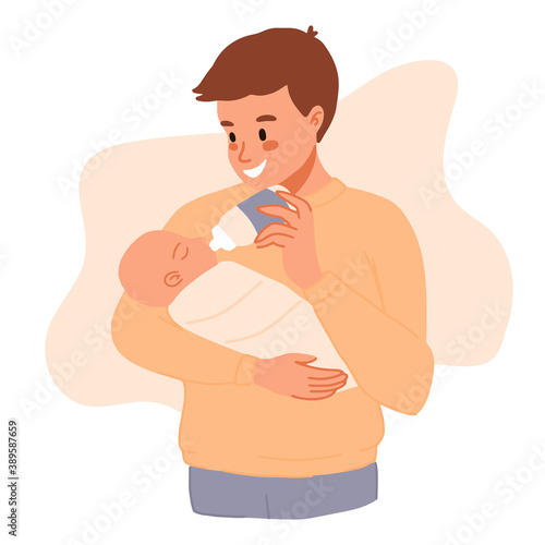 Father feeding newborn son. Baby feeding position. Man feeds infant with milk bottle. Father's day banner, clip art. Flat cartoon vector illustration. Happy Modern fatherhood, parenting