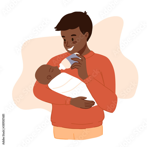 Black skin Father feeding newborn. Baby feeding position. African Man feeds infant with milk bottle. Father's day banner, clip art. cartoon vector illustration. Happy Modern fatherhood
