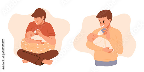 Father feeding newborn son. Baby feeding position set with pillow. Man feeds infant with milk bottle. Father's day banner, clip art. Flat cartoon illustration. Happy Modern fatherhood, parenting
