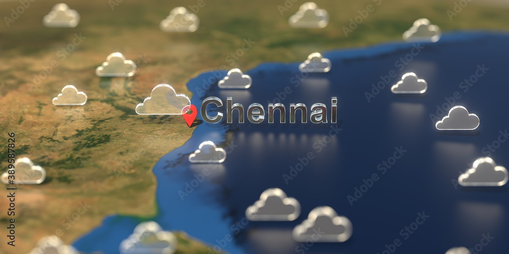 Chennai city and cloudy weather icon on the map, weather forecast related 3D rendering Chennai city and cloudy weather icon on the map, weather forecast related 3D rendering