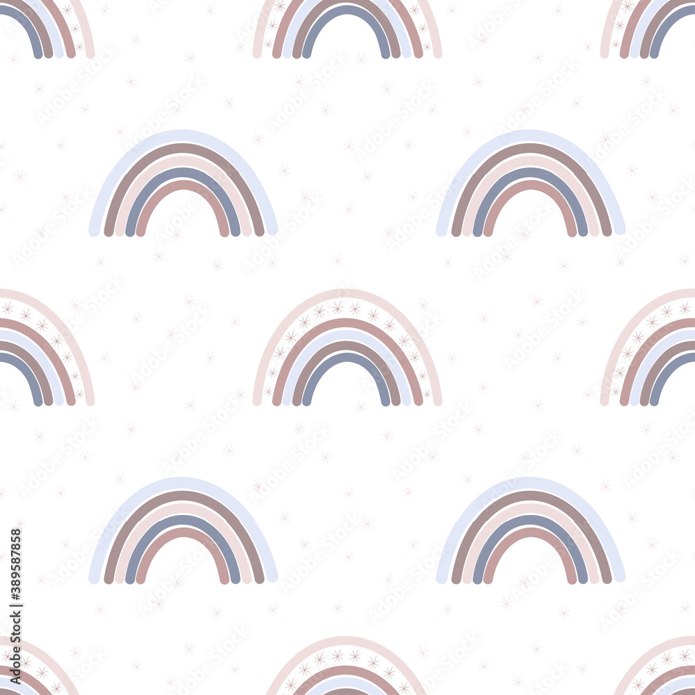 Vector cute seamless pattern with rainbow and snowflakes. Doodle scandinavian print for textile, fabric, background. Gender-neutral kid template in pastel colors. Vector cute seamless pattern with rainbow and snowflakes. Doodle scandinavian print for textile, fabric, background. Gender-neutral kid template in pastel colors.