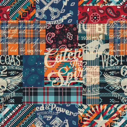 Bandana paisley native motifs and tartan plaid fabric with typography graphic patchwork abstract vector seamless pattern