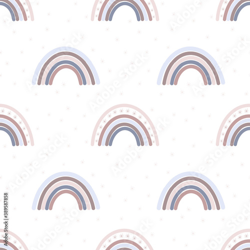 Vector cute seamless pattern with rainbow and snowflakes. Doodle scandinavian print for textile, fabric, background. Gender-neutral kid template in pastel colors.