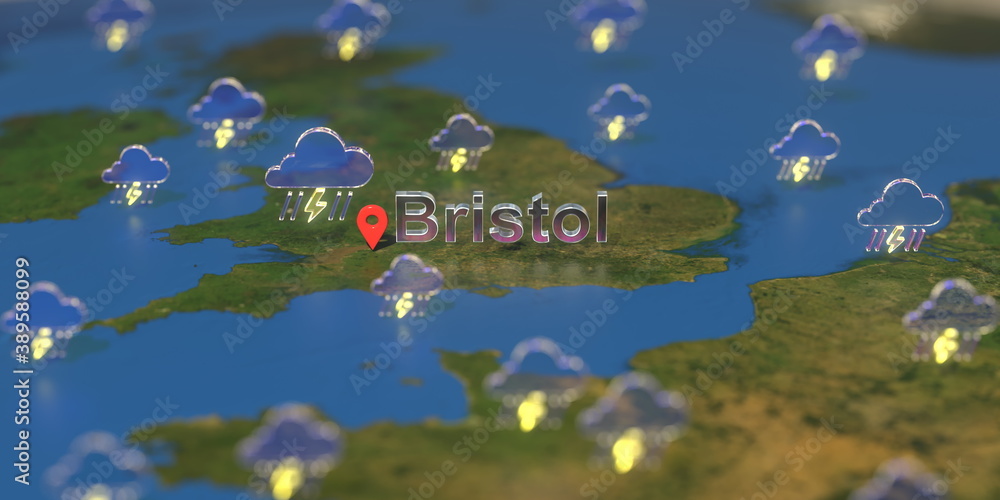 Stormy weather icons near Bristol city on the map, weather forecast related 3D rendering Stormy weather icons near Bristol city on the map, weather forecast related 3D rendering