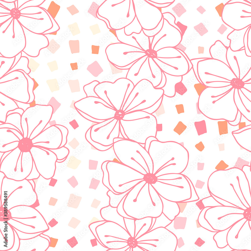 Anemone or windflower poppies flowers vector seamless pattern. Floral background with hand drawn roses on geometric backdrop. Anemone or windflower poppies flowers vector seamless pattern. Floral background with hand drawn roses on geometric backdrop.