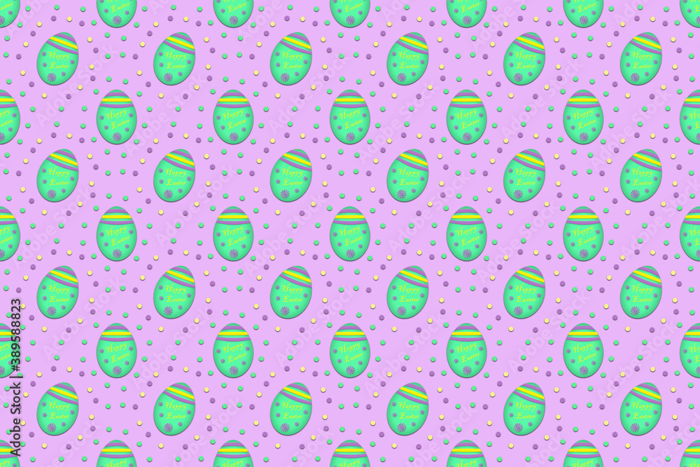 A seamless Easter background illustration of green easter eggs and polka dots against a purple background