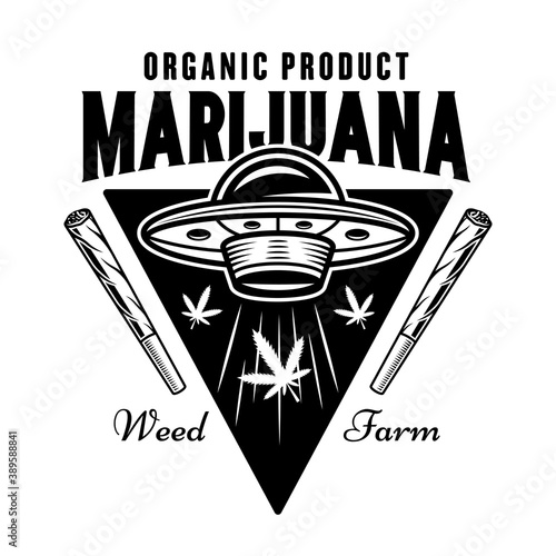 Ufo and marijuana leaves vector monochrome emblem