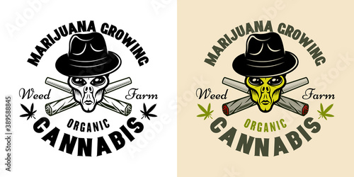 Alien head and weed joint vector emblem two styles