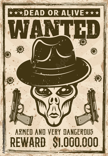 Alien head in gangster fedora hat wanted poster