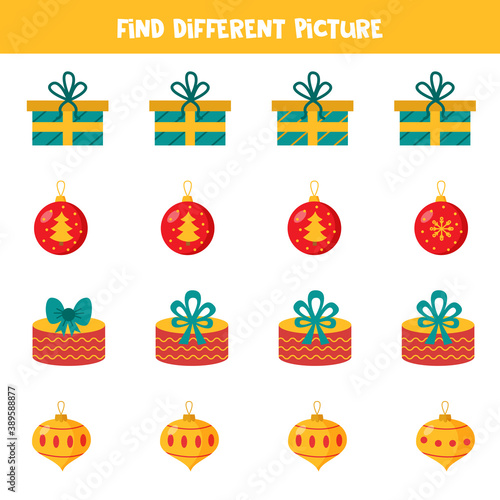Find different Christmas ball or gift box in each row.