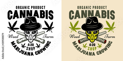 Alien head marijuana growing company vector emblem