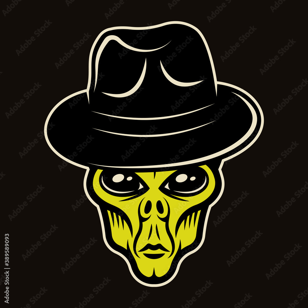 Alien head in fedora hat character colorful vector