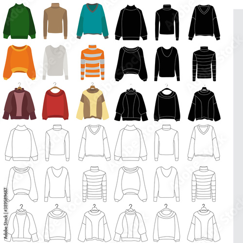vector, isolated, sweater, women's jacket, set